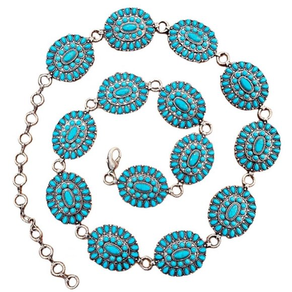 Turquoise Natural Stone Antique Metal Squash Blossom Boho Westen Style Link Belt - Picture 2 of 2